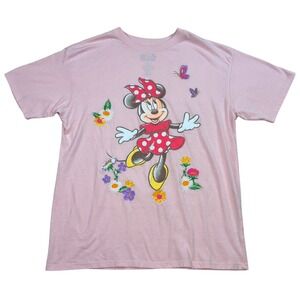Disney Minnie Mouse Pink Embroidered Floral Graphic T-Shirt Women M Short Sleeve